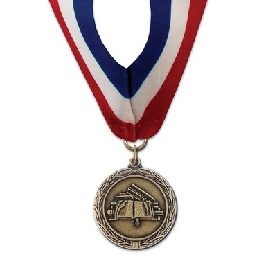 Stack of Books Cast MX Medal w/Stock Millennium Neck Ribbon (1½")
